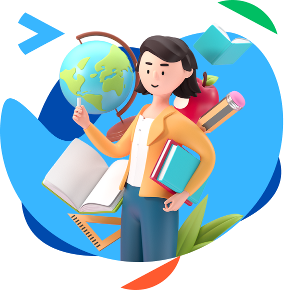 Ilustración de una estudiante de la Academia Pitágoras con libros y globo terráqueo representando la preparación global en ciencias y humanidades para el examen de admisión universitario